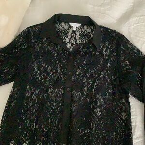 Time and Tru Black Floral Lace Button-Front Blouse